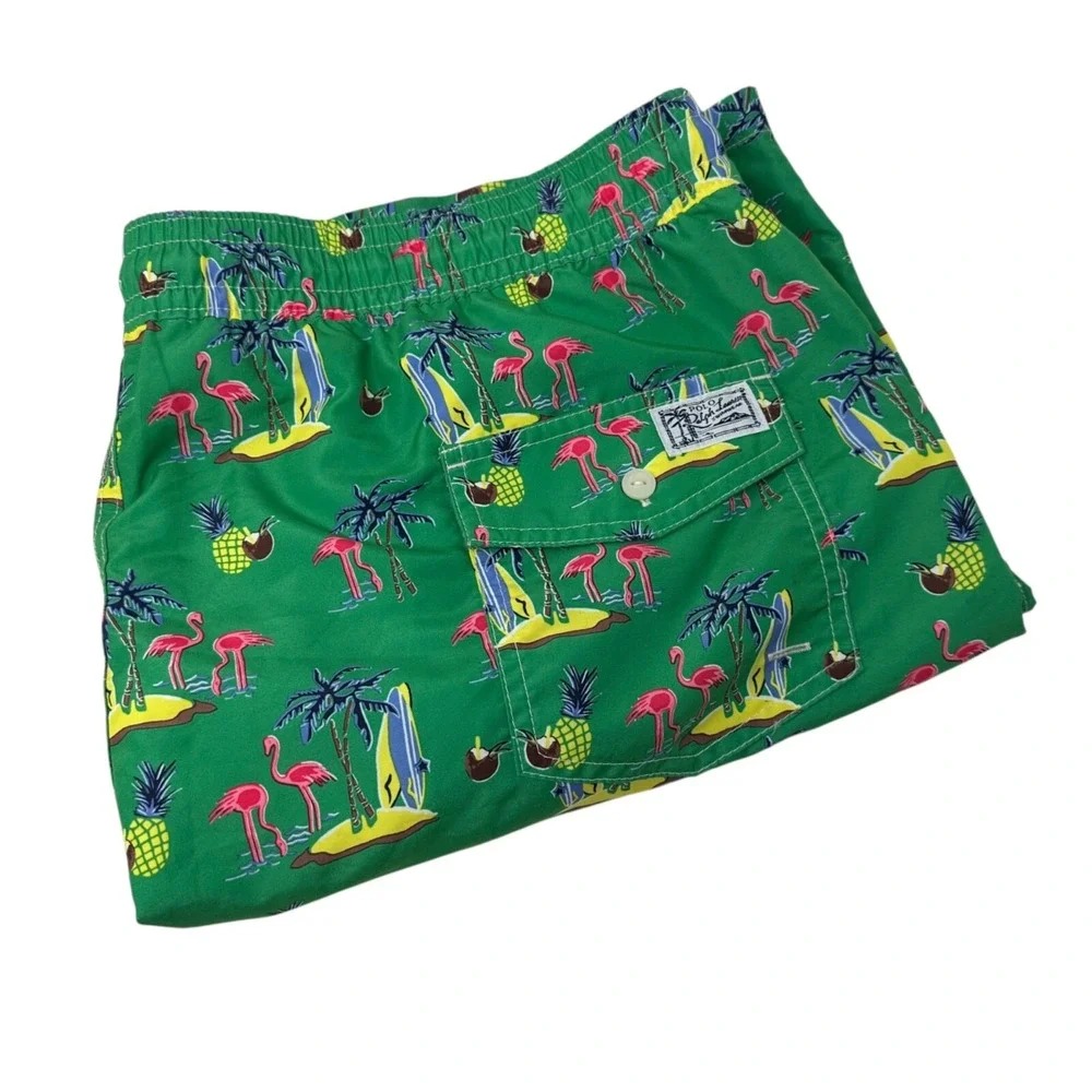 POLO RALPH LAUREN Green Traveler Lined Swim Trunks Pockets Flamingo Surf Size LT
